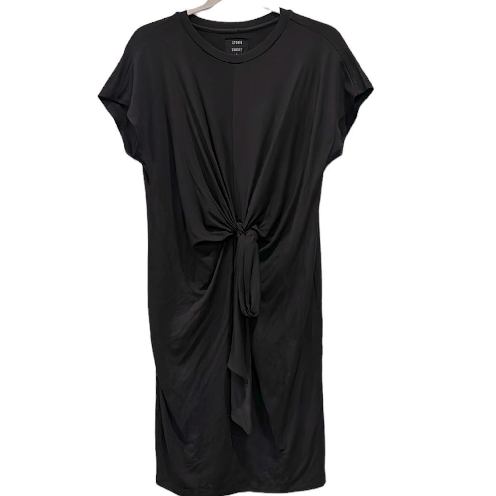 NWT Studio Sunday Black Tie Front Dress Black Modal Blend Stretch Comfy M